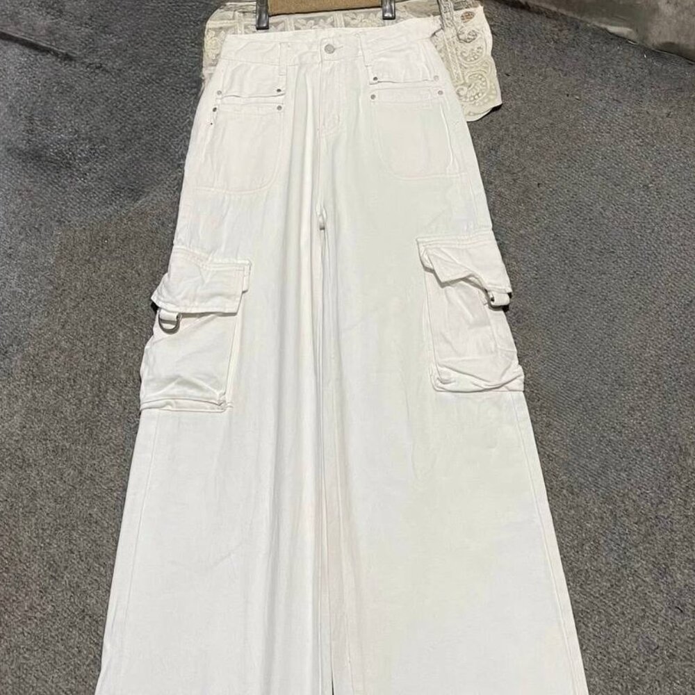 White High Rise Wide Leg Cargo Pants with Pockets - Picture 1 of 3